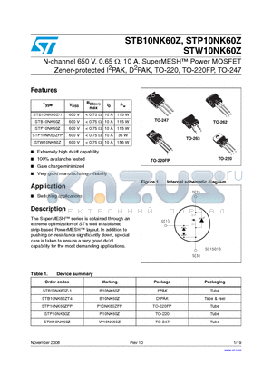 STB10NK60Z_08 datasheet - N-channel 650 V, 0.65 Y, 10 A, SuperMESH Power MOSFET Zener-protected I2PAK, D2PAK, TO-220, TO-220FP, TO-247