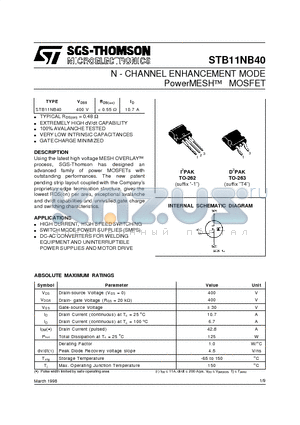 STB11NB40 datasheet - N - CHANNEL ENHANCEMENT MODE PowerMESH MOSFET