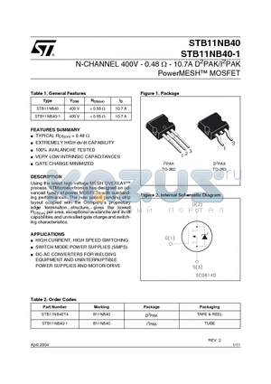 STB11NB40 datasheet - N-CHANNEL 400V - 0.48ohm - 10.7A DPAK/IPAK PowerMESH MOSFET