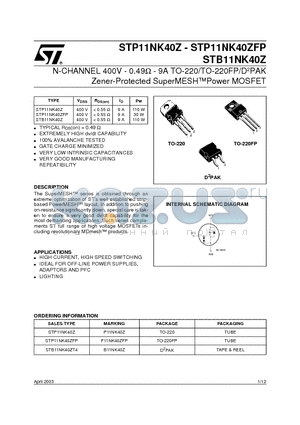 STB11NK40Z datasheet - N-CHANNEL 400V - 0.49ohm - 9A TO-220/TO-220FP/D2PAK Zener-Protected SuperMESHPower MOSFET