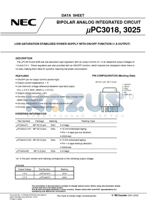 UPC3018 datasheet - LOW-SATURATION STABILIZED POWER SUPPLY WITH ON/OFF FUNCTION (1 A OUTPUT)