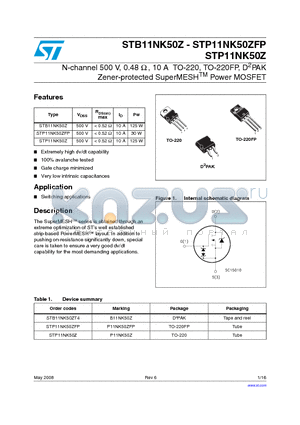 STB11NK50Z_08 datasheet - N-channel 500 V, 0.48 Y , 10 A TO-220, TO-220FP, D2PAK Zener-protected SuperMESHTM Power MOSFET