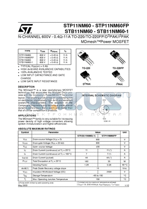 STB11NM60 datasheet - N-CHANNEL 600V - 0.4ohm-11A TO-220/TO-220FP/D2PAK/I2PAK MDmeshPower MOSFET