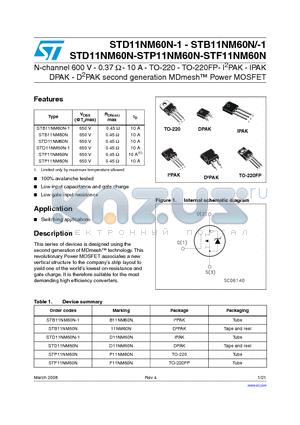 STB11NM60N-1 datasheet - N-channel 600 V - 0.37 Y - 10 A - TO-220 - TO-220FP- I2PAK - IPAK DPAK - D2PAK second generation MDmesh Power MOSFET
