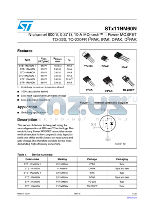 STB11NM60N-1 datasheet - N-channel 600 V, 0.37 Y, 10 A MDmesh II Power MOSFET TO-220, TO-220FP, I2PAK, IPAK, DPAK, D2PAK