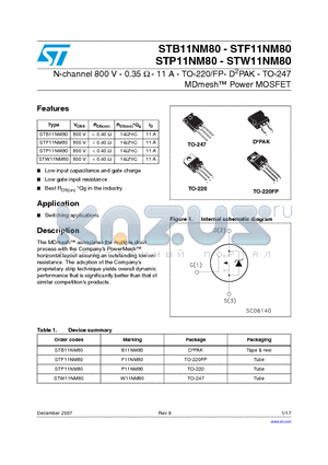 STB11NM80 datasheet - N-channel 800 V - 0.35 Y - 11 A - TO-220/FP- D2PAK - TO-247 MDmesh Power MOSFET