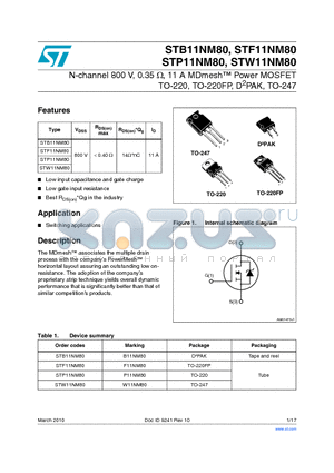 STB11NM80 datasheet - N-channel 800 V, 0.35 Y, 11 A MDmesh Power MOSFET TO-220, TO-220FP, D2PAK, TO-247