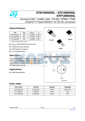 STB120NH03L datasheet - N-channel 30V - 0.005ohm - 60A - TO-220 / D2PAK / I2PAK STripFET Power MOSFET for DC-DC conversion