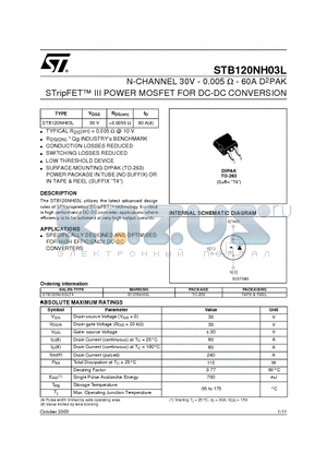 STB120NH03LT4 datasheet - N-CHANNEL 30V - 0.005 W - 60A D2PAK STripFET III POWER MOSFET FOR DC-DC CONVERSION