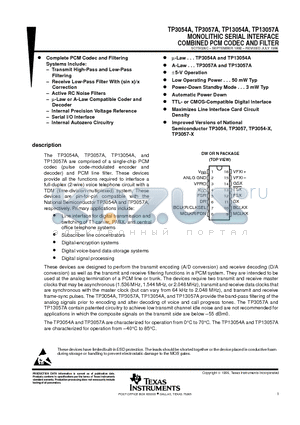 TP13054ADW datasheet - MONOLITHIC SERIAL INTERFACE COMBINED PCM CODEC AND FILTER