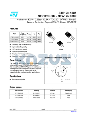 STB12NK80Z datasheet - N-channel 800V - 0.65Y - 10.5A - TO-220 - D2PAK - TO-247 Zener - Protected SuperMESH Power MOSFET