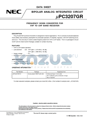 UPC3207GR-E1 datasheet - FREQUENCY DOWN CONVERTER FOR VHF TO UHF BAND RECEIVER