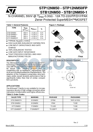 STB12NM50-1 datasheet - N-CHANNEL 500V - 0.3W - 12A TO-220/TO-220FP/I PAK MDmesh]Power MOSFET