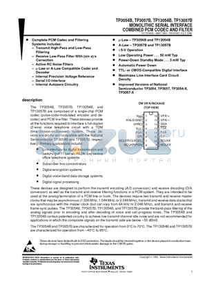 TP13057BN datasheet - MONOLITHIC SERIAL INTERFACE COMBINED PCM CODEC AND FILTER