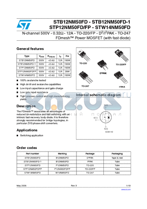 STB12NM50FD datasheet - N-channel 500V - 0.32Y - 12A - TO-220/FP - D2/I2PAK - TO-247 FDmesh Power MOSFET (with fast diode)