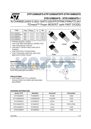 STB12NM50FD-1 datasheet - N-CHANNEL500V-0.32ohm-12ATO-220/FP/D2PAK/I2PAK/TO-247 FDmesh Power MOSFET with FAST DIODE