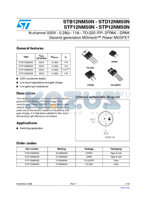STB12NM50N datasheet - N-channel 500V - 0.29Y - 11A - TO-220 /FP- D2PAK - DPAK Second generation MDmesh Power MOSFET