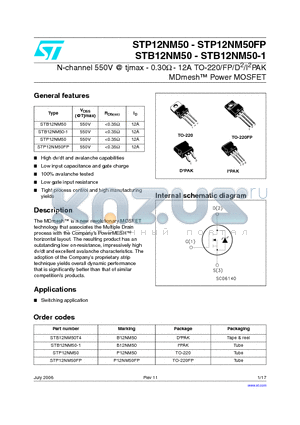 STB12NM50T4 datasheet - N-channel 550V @ tjmax - 0.30Y - 12A TO-220/FP/D2/I2PAK MDmesh Power MOSFET