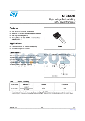 STB13005_07 datasheet - High voltage fast-switching NPN power transistor