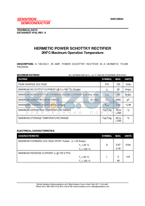 SHD125644 datasheet - HERMETIC POWER SCHOTTKY RECTIFIER 200`C Maximum Operation Temperature