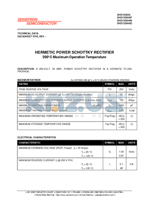 SHD125646N datasheet - HERMETIC POWER SCHOTTKY RECTIFIER 200`C Maximum Operation Temperature