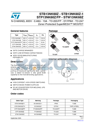 STB13NK60Z datasheet - N-CHANNEL 600V-0.48Y-13A-TO-220/FP-Db/IbPAK-TO-247 Zener-Protected SuperMESH MOSFET