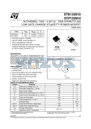 STB135N10 datasheet - N-CHANNEL 100V - 0.007 ohm - 135A DPAK/TO-220 LOW GATE CHARGE STripFET POWER MOSFET