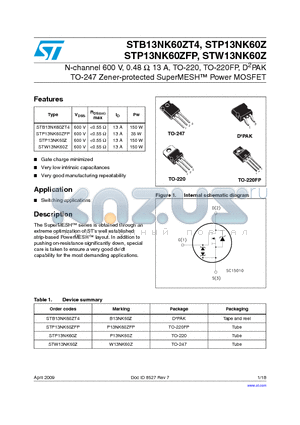 STB13NK60ZT4 datasheet - N-channel 600 V, 0.48 Y, 13 A, TO-220, TO-220FP, D2PAK TO-247 Zener-protected SuperMESH Power MOSFET