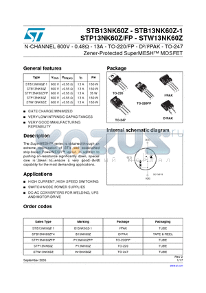 STB13NK60Z-1 datasheet - N-CHANNEL 600V-0.48Y-13A-TO-220/FP-Db/IbPAK-TO-247 Zener-Protected SuperMESH MOSFET