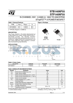 STB140NF55T4 datasheet - N-CHANNEL 55V - 0.0065 ohm - 80A TO-220/D2PAK STripFET II POWER MOSFET