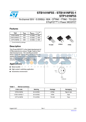 STB141NF55-1 datasheet - N-channel 55V - 0.0065Y - 80A - D2PAK - I2PAK - TO-220 STripFET II Power MOSFET