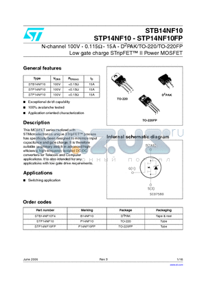 STB14NF10 datasheet - N-channel 100V - 0.115Y - 15A - D2PAK/TO-220/TO-220FP Low gate charge STripFET II Power MOSFET