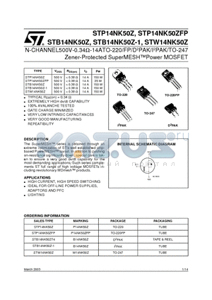 STB14NK50ZT4 datasheet - N-CHANNEL 500V-0.34ohm-14ATO-220/FP/D2PAK/I2PAK/TO-247 Zener-Protected SuperMESHPower MOSFET