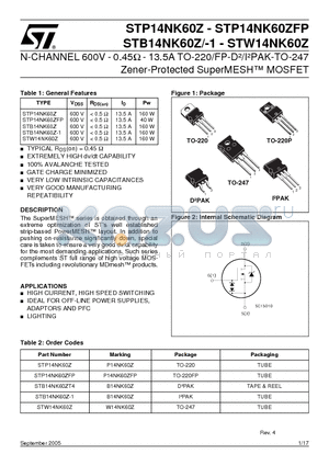 STB14NK60Z-1 datasheet - N-CHANNEL 600V-0.45ohm-13.5A TO-220/FP/D2PAK/I2PAK/TO-247 Zener-Protected SuperMESH Power MOSFET