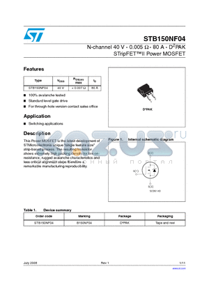 STB150NF04 datasheet - N-channel 40 V - 0.005 Y - 80 A - D2PAK STripFETII Power MOSFET