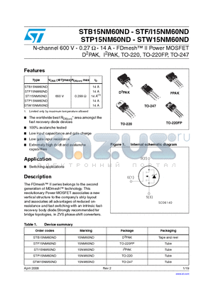 STB15NM60ND datasheet - N-channel 600 V - 0.27 Y - 14 A - FDmesh II Power MOSFET D2PAK, I2PAK, TO-220, TO-220FP, TO-247