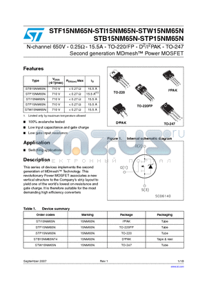 STB15NM65N datasheet - N-channel 650V - 0.25Y - 15.5A - TO-220/FP - D2/I2PAK - TO-247 Second generation MDmesh Power MOSFET