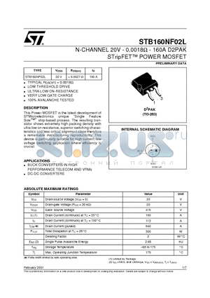 STB160NF02L datasheet - N-CHANNEL 20V - 0.0018ohm - 160A D2PAK STripFET POWER MOSFET