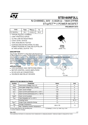 STB160NF3LL datasheet - N-CHANNEL 30V - 0.0026 ohm - 160A D2PAK STripFET II POWER MOSFET