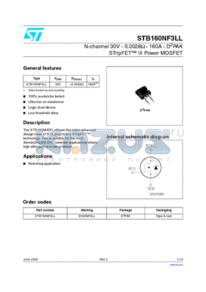 STB160NF3LL_06 datasheet - N-channel 30V - 0.0028ohm - 160A - D2PAK STripFET TM III Power MOSFET