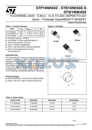 STB16NK60Z-S datasheet - N-CHANNEL 600V - 0.38  - 14 A TO-220 /I2SPAK/TO-247 Zener - Protecdet SuperMESH MOSFET