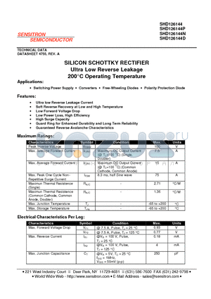 SHD126144D datasheet - SILICON SCHOTTKY RECTIFIER Ultra Low Reverse Leakage 200`C Operating Temperature