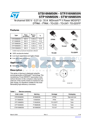 STB16NM50N datasheet - N-channel 500 V - 0.21 Y - 15 A MDmesh II Power MOSFET D2PAK - I2PAK - TO-220 - TO-247- TO-220FP