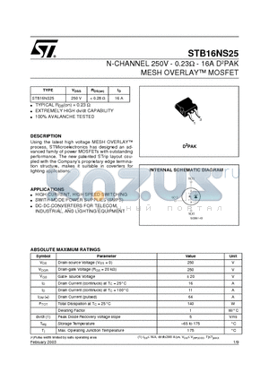 STB16NS25 datasheet - N-CHANNEL 250V - 0.23ohm - 16A D2PAK MESH OVERLAY MOSFET