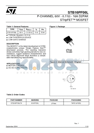 STB16PF06LT4 datasheet - P-CHANNEL 60V - 0.11ohm - 16A D2PAK STripFET MOSFET