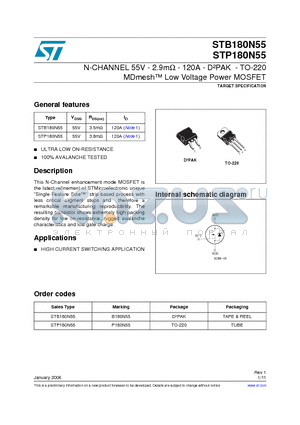 STB180N55 datasheet - N-CHANNEL 55V - 2.9m-ohm - 120A - D-2 PAK - TO-220 MDmesh-TM Low Voltage Power MOSFET