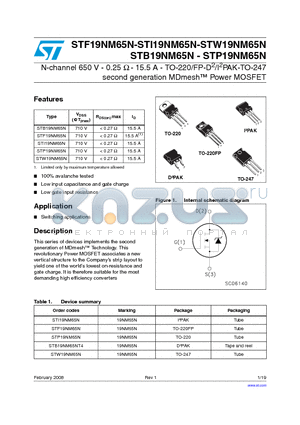 STB19NM65NT4 datasheet - N-channel 650 V - 0.25 Y - 15.5 A - TO-220/FP-D2/I2PAK-TO-247 second generation MDmesh Power MOSFET