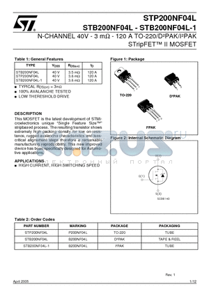STB200NF04L-1 datasheet - N-CHANNEL 40V - 3 m ohm - 120 A TO-220/D2PAK/I2PAK STripFET II MOSFET