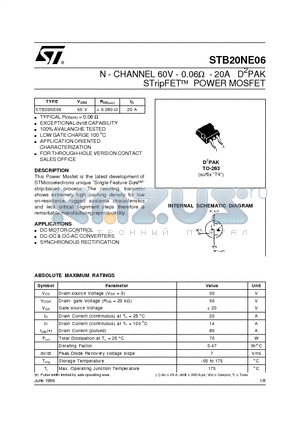 STB20NE06 datasheet - N - CHANNEL 60V - 0.06ohm  - 20A D2PAK STripFET] POWER MOSFET