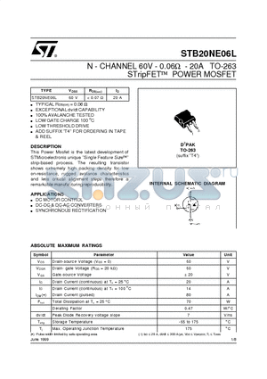 STB20NE06L datasheet - N - CHANNEL 60V - 0.06ohm  - 20A TO-263 STripFET] POWER MOSFET